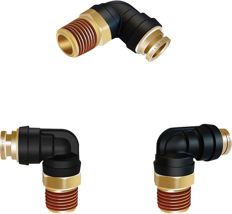 Japtend 1/4 inch DOT Air Hose Fittings 90 Degree Union Elbow， 3PCS 1/4" Tube OD x 1/4" NPT Thread Quick Connect Hose Fittings PTC/PTCR & Brass for Truck Trailers Industry Air System - Image 1